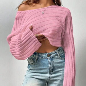 Pink Casual Women's Solid Color Round Neck Loose Sweater